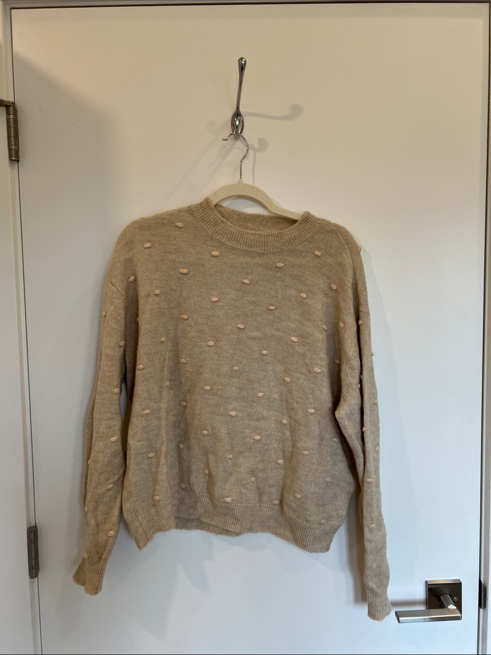 Textured Cream Crewneck Sweater with Dot Detail